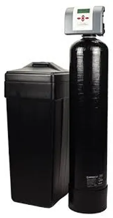 A black water filtration system with a digital control panel on top and a separate black brine tank, commonly used for water softening or filtration.