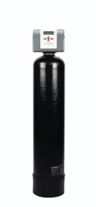 A black water filtration tank with a digital control panel on top, typically used for water softening or whole-house filtration systems.