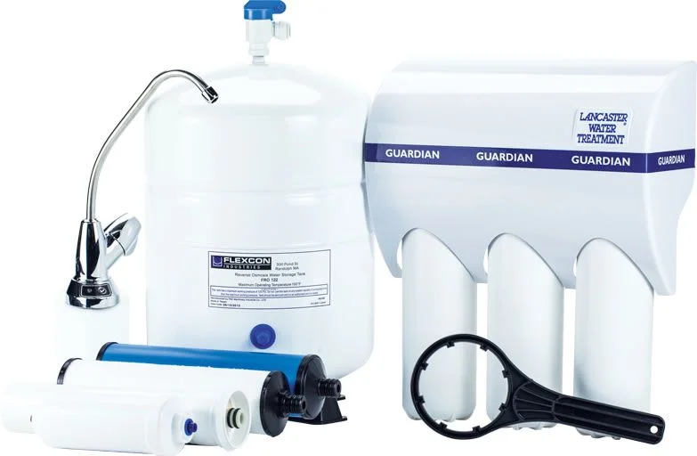 A reverse osmosis water filtration system, including a white storage tank, faucet, filter housing unit, and various filter cartridges, intended for home water purification.