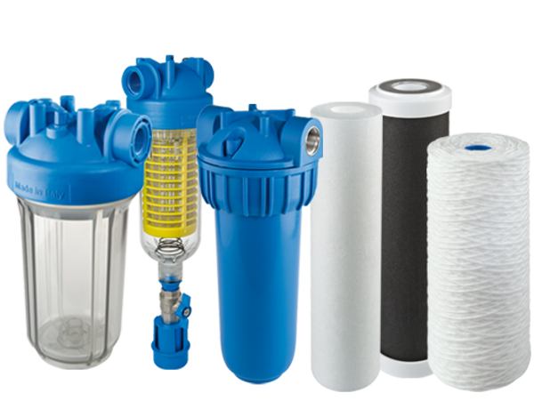 An assortment of water filtration components, including blue filter housings, a clear filter cartridge, and various filter elements for water purification systems.