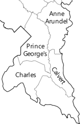 A map highlighting counties in Maryland, including Prince George's, Anne Arundel, Calvert, and Charles, with clear borders and labels on a black background.