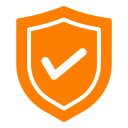 An orange shield icon with a black checkmark in the center, symbolizing security or reliability.
